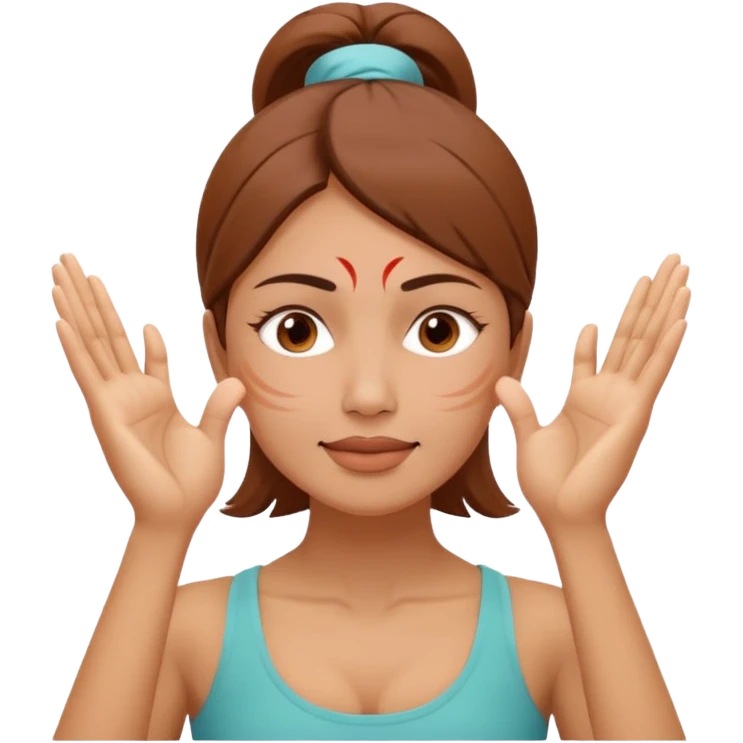 Minimal emoji of a woman performing face yoga, both hands placed on the face, fingers pressing and lifting facial muscles, clear hand-on-face exercise movement, simple wellness icon style, no beauty or medical elements

 emoji