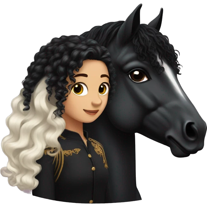 White girl, long black curly hair, next to a black spanish horse emoji