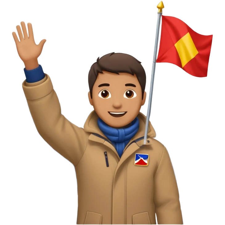 a cheerful man stands on a mountain with some snow, waving a flag emoji