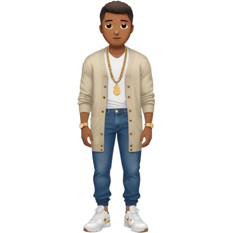 Handsome Black guy with brown skin tone, with muscular build, wearing long baggy dark denim jeans, a white t-shirt, a Burberry cardigan, white Nike sneakers, a gold watch, and a dainty chain emoji