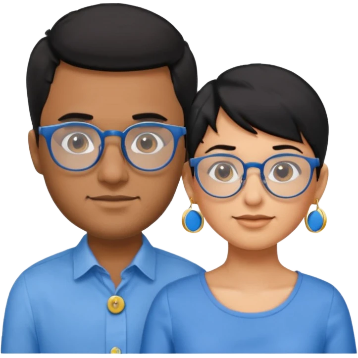 Dois emojis, um homem pardo com cabelos pretos, blusa azul com gola e botões, óculos retangular na cor azul. Mulher parda com cabelo curto preto, óculos redondos e transparentes, está com vestido azul de alças finas e com brincos de argolas douradas na orelha emoji
