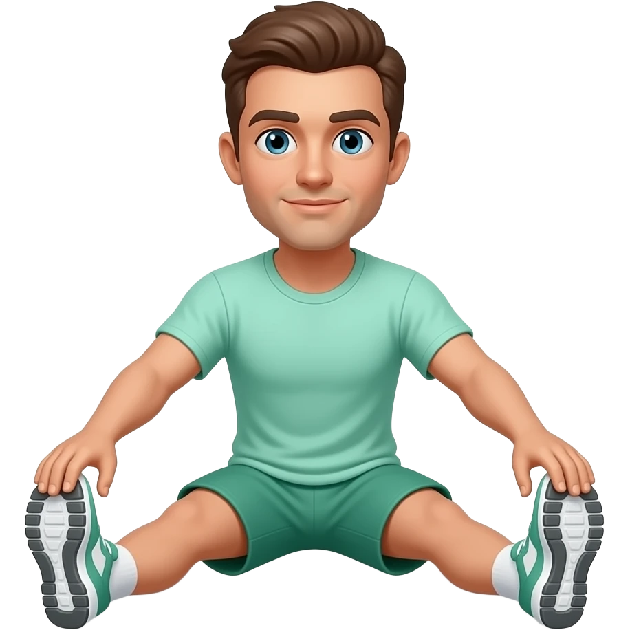 guy standing up in light green workout shirt and shorts facing me stretching down by touch toes feet together emoji