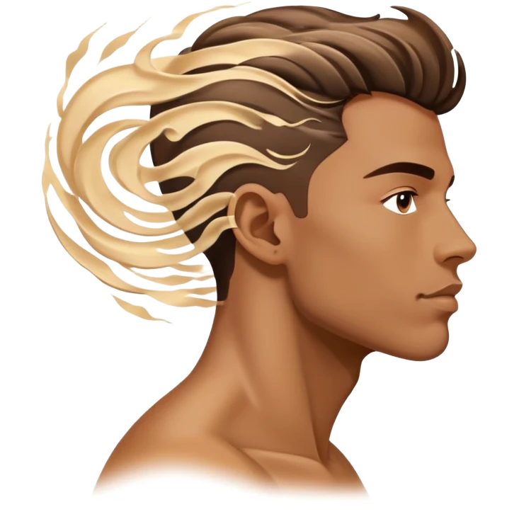 Male profile surrounded by floating fashion elements and energy waves, creative style essence, masculine vibe emoji