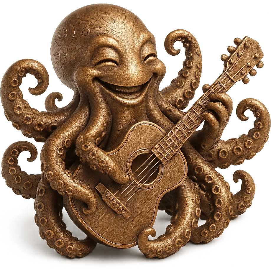 smiling octopus with extra arms holding a guitar, bronze sculpture style emoji