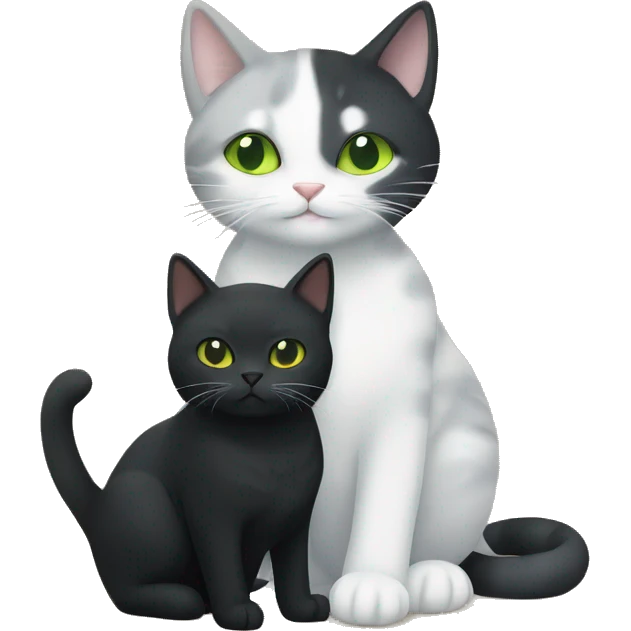 grey and white cat with green eyes, cuddling with an all black cat with yellow eyes emoji