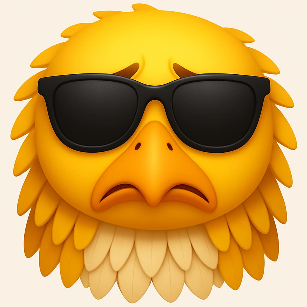 Make the yellow eagle with sunglasses look sad in the style of emoji style (apple style emojis). emoji