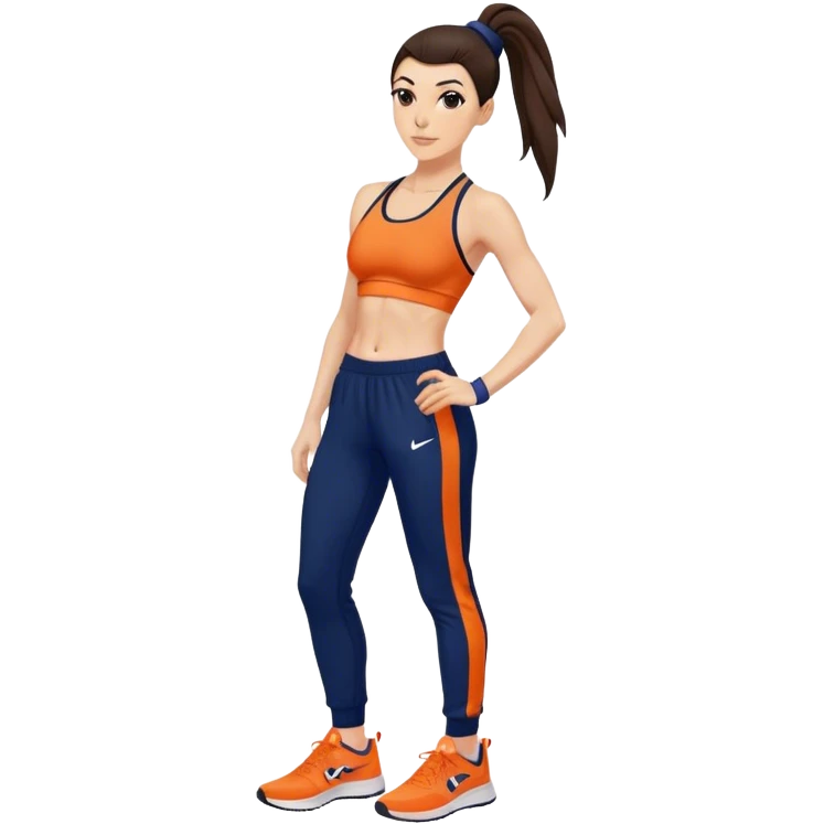 Melanie chisholm with a dark brown high ponytail, wearing an orange sports bra and navy blue track pants with sneakers emoji