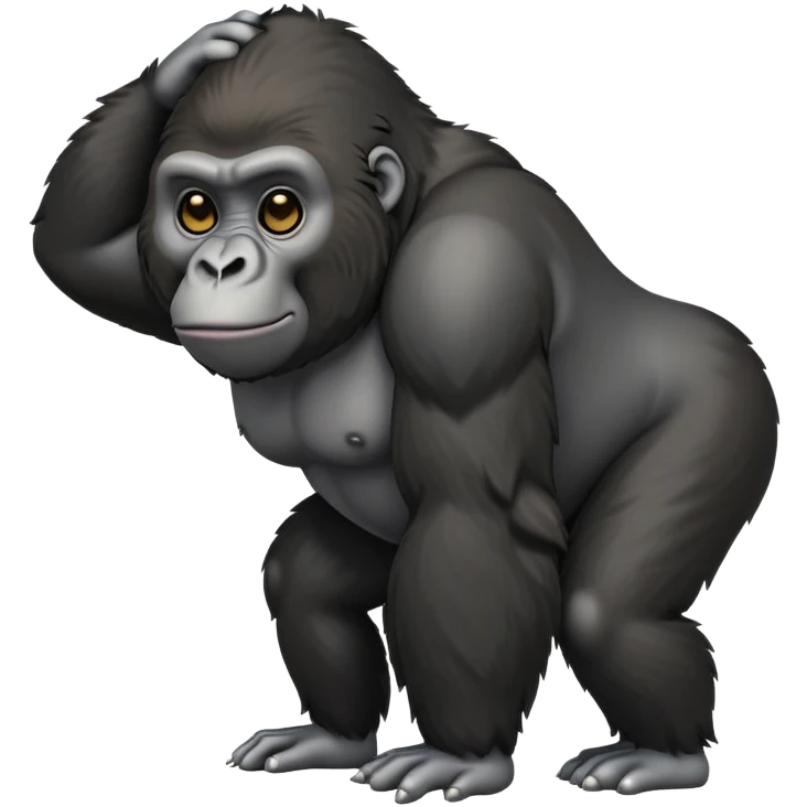 cinematic-friendly relaxed gorilla-realistic-full-body-crouched on all fours-emoji,-broad-frame-poised-with-confidence,-massive-arms-hanging-slightly-forward,-head-tilted-thoughtfully,-thick-black-fur,-deep-dark-eyes-full-of-intelligence,-simplified-yet-realistic emoji
