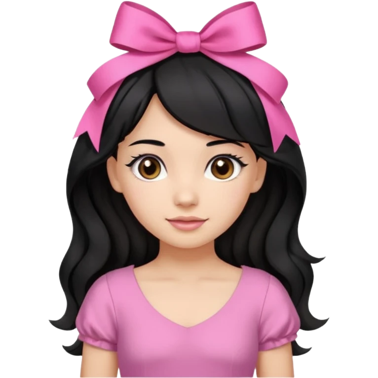 Beautiful girl with black hair in a half-up half-down hairstyle with pink ribbon tying the top half, waves at the ends, brown eyes, light skin, slight smile, and pink dress emoji