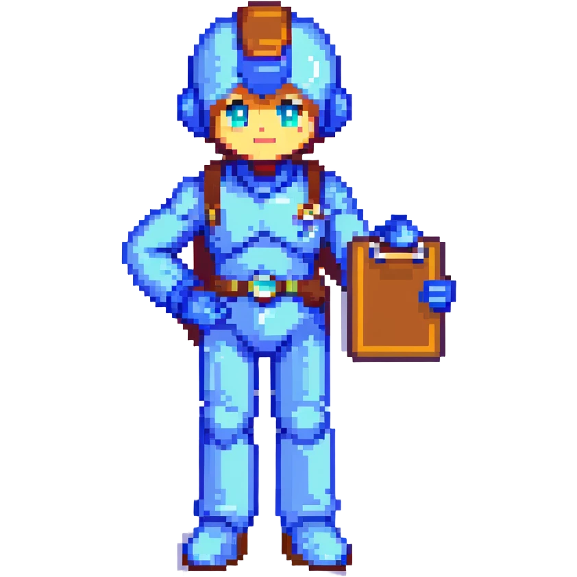 8-bit pixel art icon of a recruiter, Mega Man style, waist-up only, no computer, character in business attire holding a clipboard, friendly expression emoji