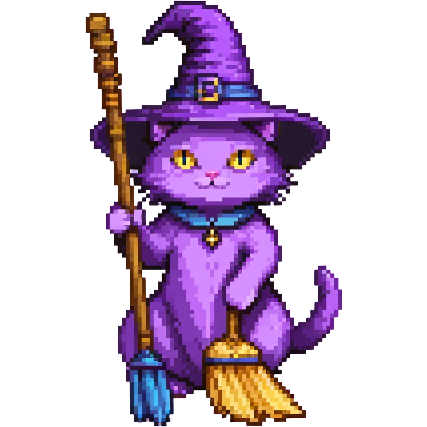 purple witch cat holding a broom emoji