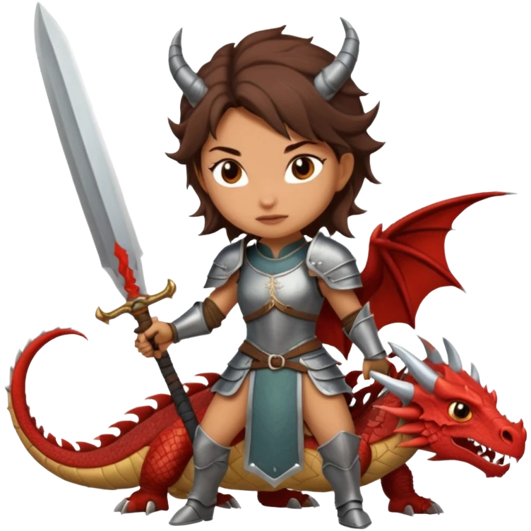 Fierce Latina in armor with a sword after a battle cutting off the head of a dragon emoji