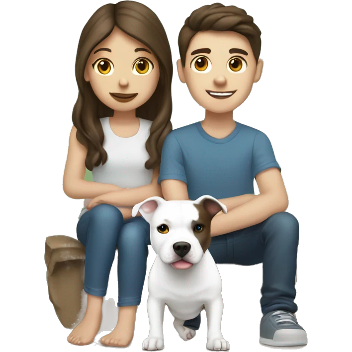 brunette girl and boy with a white pitbull ￼ emoji