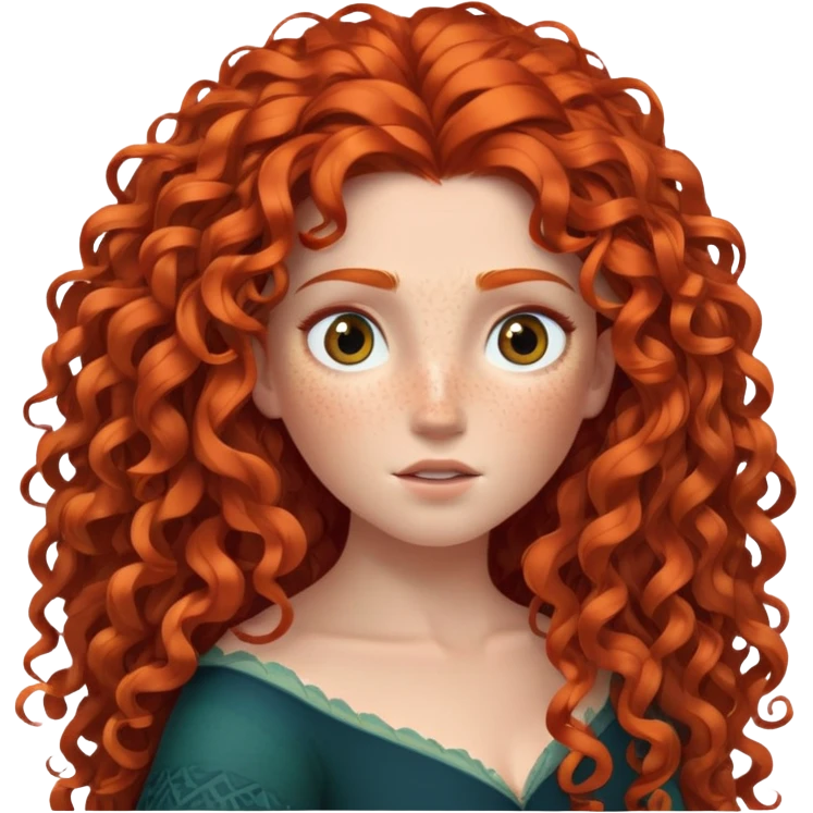 Merida from Brave with extremely long wild curly red hair and lots of freckles covering her face emoji