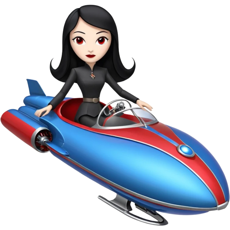 Ultra Jetson’s Jedi teen Morticia Addams flying a chrome accented red and blue Zephyr-J Jumpspeeder anti-gravity repulsorlift powered by an imperial speeder steampunk hypercar  emoji