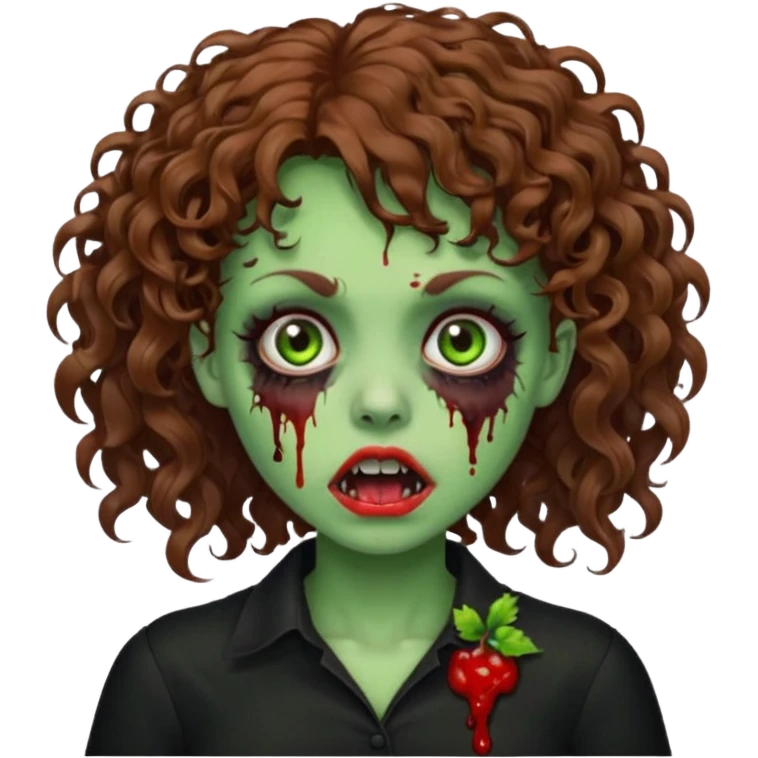 Green zombie emoji girl with curly Brown hair, with curly bangs, wearing a black bluse, blood Just in the tongue  emoji