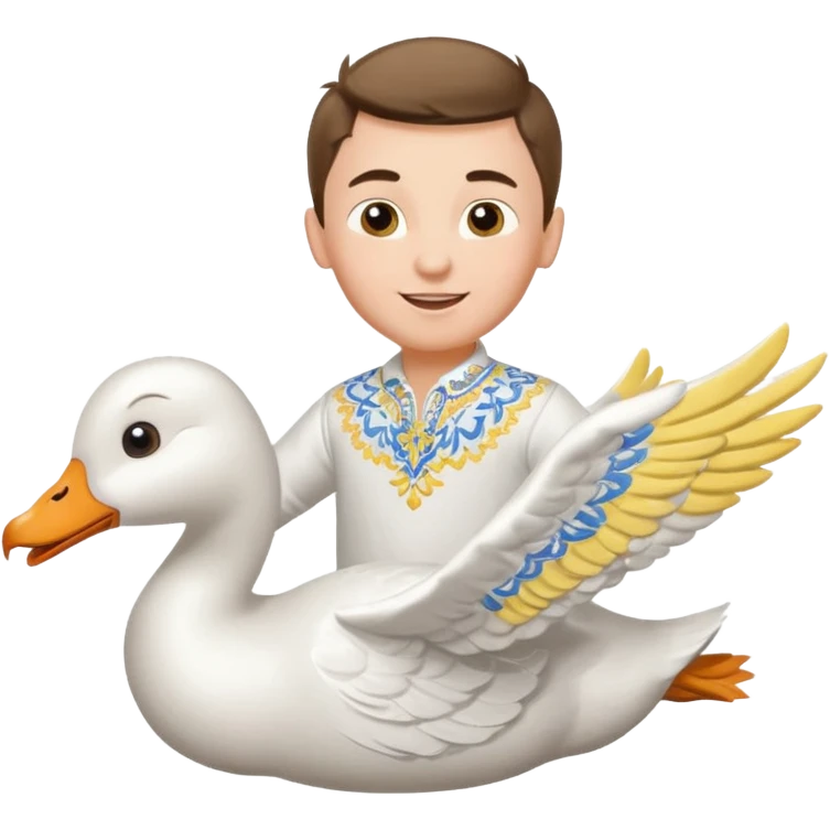 A boy in a Ukrainian white embroidered shirt flies on a white goose emoji