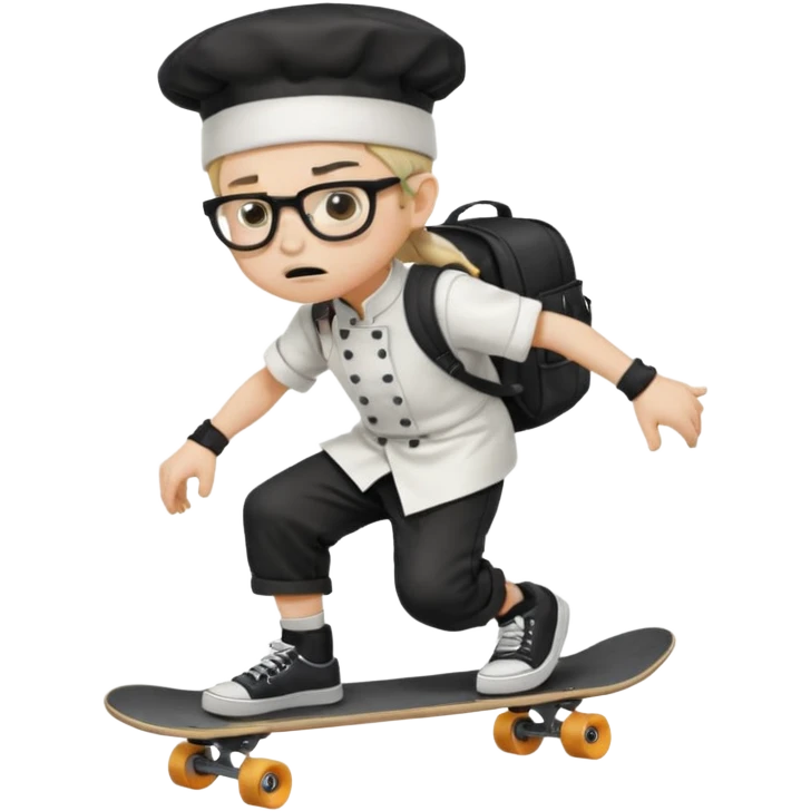 ["An angry boy with light skin, ponytail, wearing a chef hat and square glasses, dressed in goth fashion, is skateboarding while holding a backpack."] emoji
