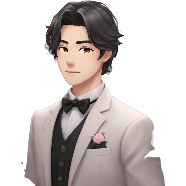 Gorgeous romantic anime style Asian formal modern gentlemanly guy with cat ears and flowers and blushing face aesthetic trending style outside emoji