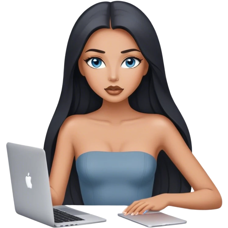 Glamours tanned very beautiful girl with pump nude lips and black straight smooth long hair, blue-grey eyes in strapless bodysuit with one MacBook. emoji