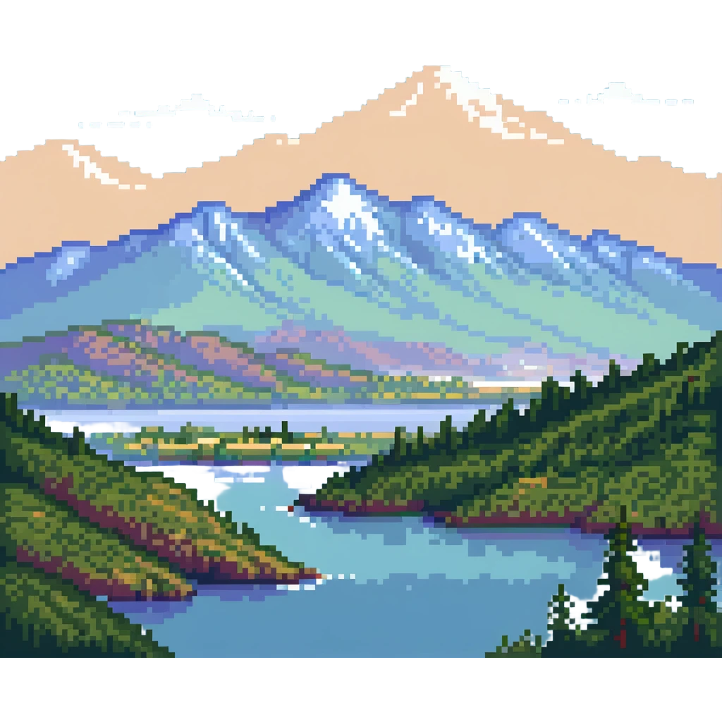 landscape of Nalchik with mountains in the background in pixel art style emoji