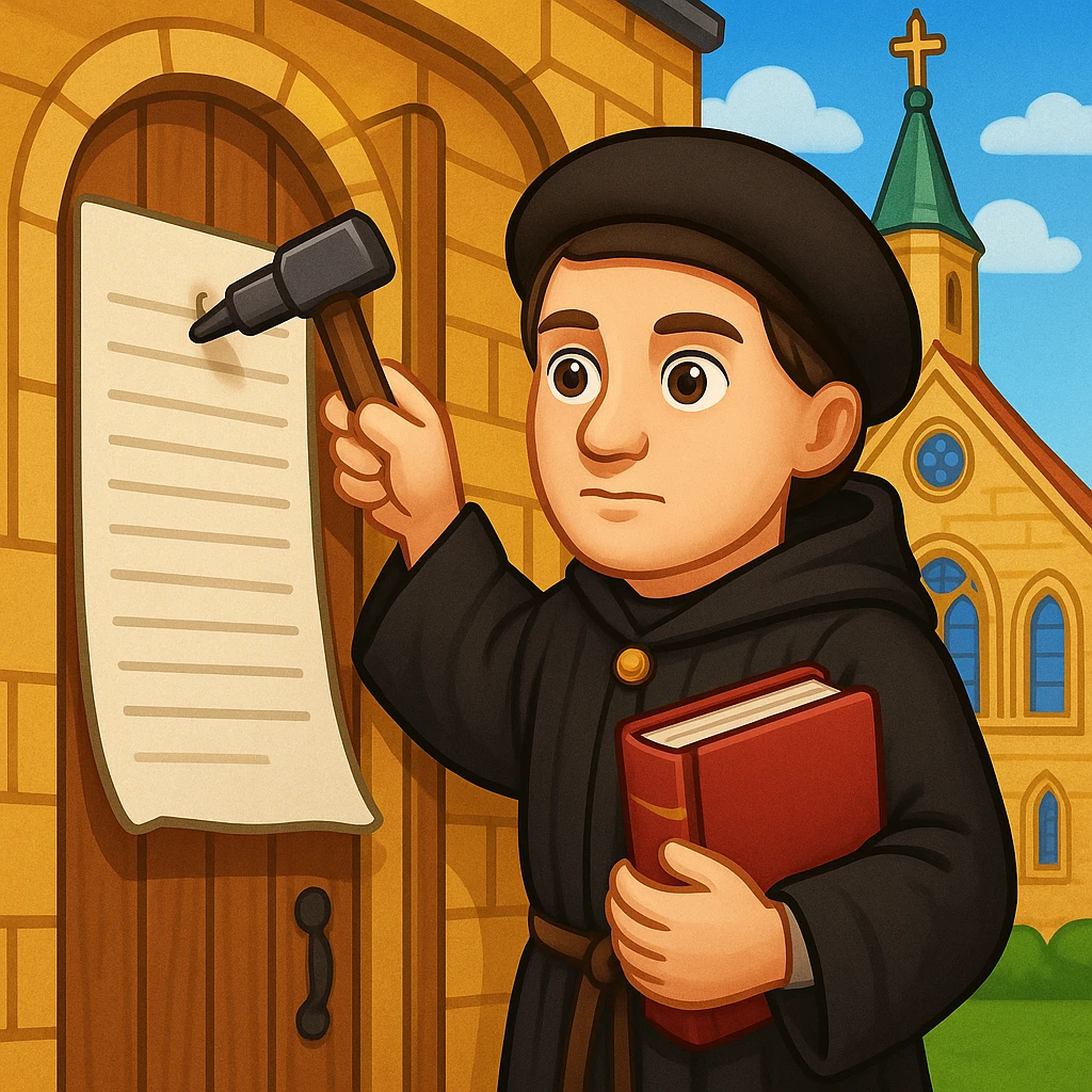 Add a church background behind Martin Luther nailing the 95 Theses, in the style of apple emojis, preserving the apple emoji style look and feel. emoji