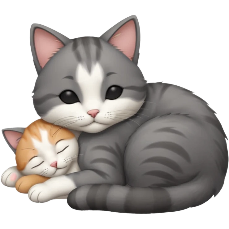 dark grey and white small cat with his eyes closed, leaning his head on his paw while leaning on his elbow lying down emoji