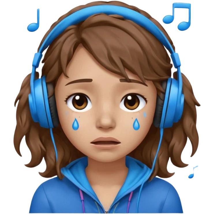 A crying girl with wavy hair listening to music with blue headphones emoji