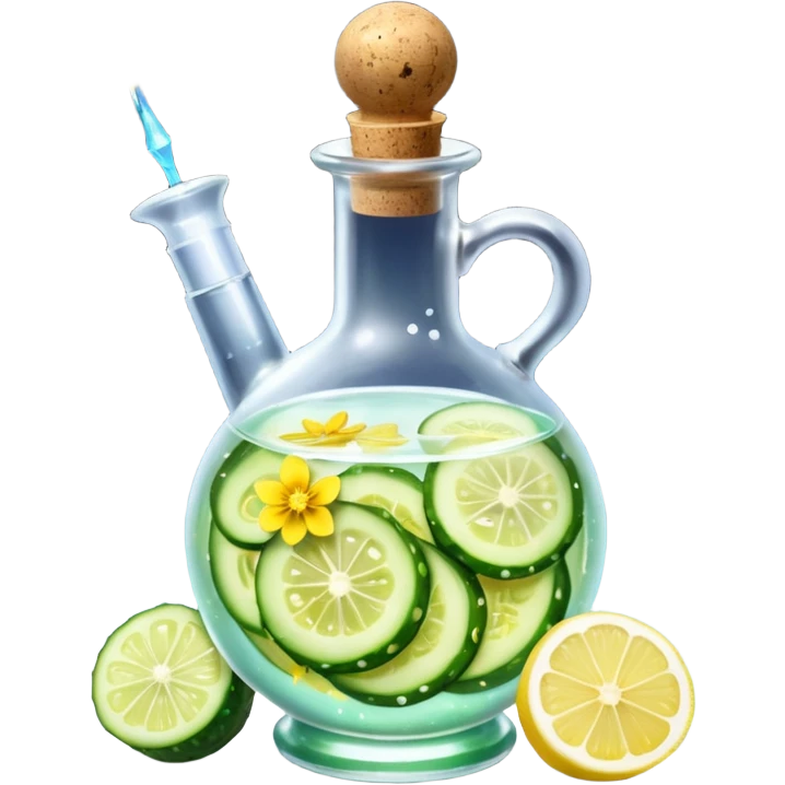 potion bottle with a perfectly round floating bottom, very small cork, very short neck, filled with #00d9ff liquid, inside cucumber slices, lemon slices, ice cubes, edible flower petals, and magical sparkles, soft lighting, transparent glass, clean background, fantasy style emoji