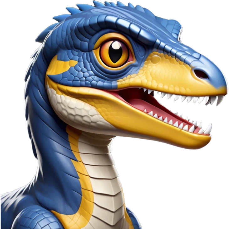 Cinematic Noble Velociraptor Portrait Emoji, Poised and agile, with a slender, streamlined build, sharp, cunning eyes, and a sleek snout hinting at predatory precision, Simplified yet sharply defined features, highly detailed, glowing with a cool, dynamic radiance, high shine, intelligent and swift, stylized with an air of agile prehistoric grace, focused and alert, soft glowing outline, capturing the essence of a watchful and confident Velociraptor that appears ready to dash out of the screen with effortless speed! emoji