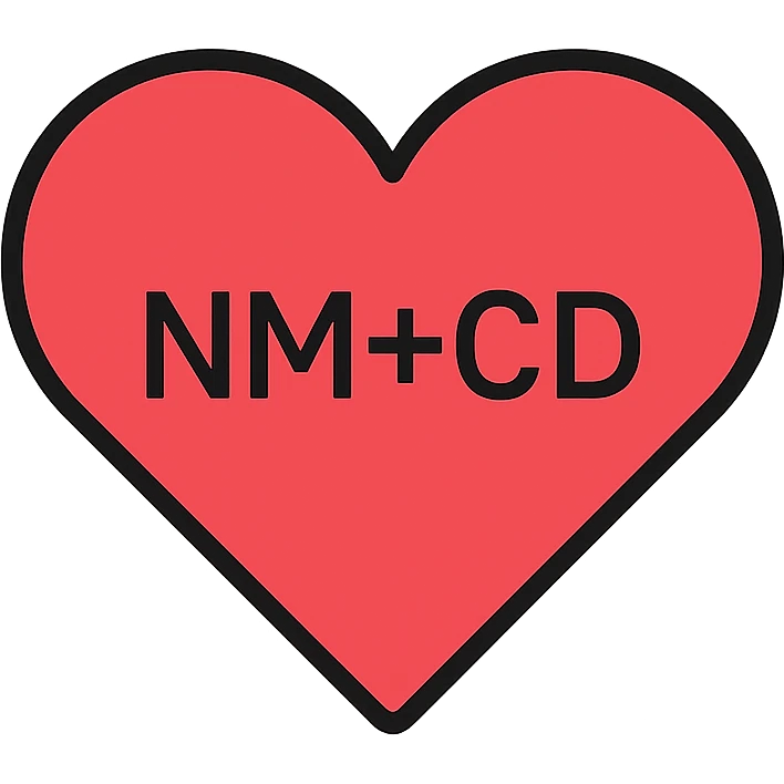 red heart with 'NM+CD' inside, minimalist sans-serif font emoji