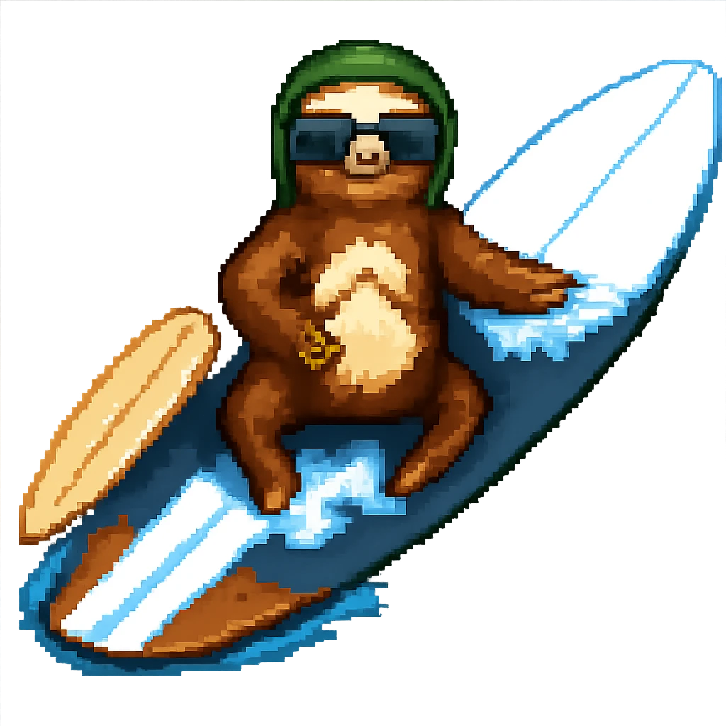 Add sunglasses to the sloth while surfing in pixel art style. Remove the background. emoji