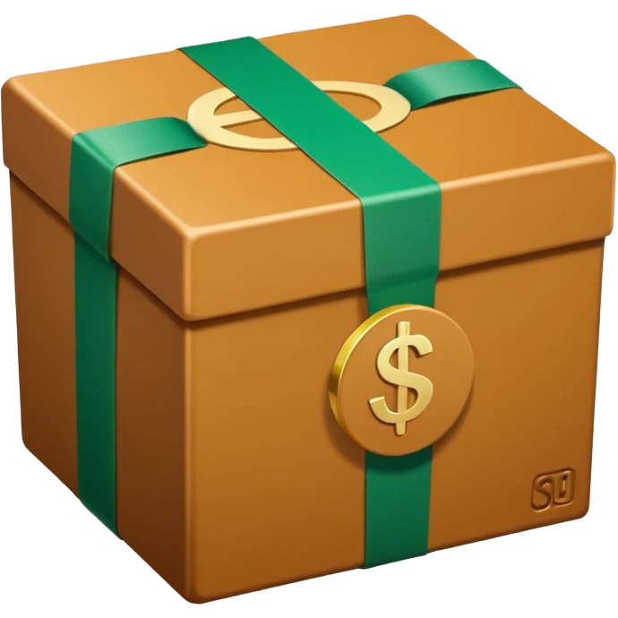 Closed box with smooth, rounded edges

Light honey‑brown tape strip with a glossy highlight

Flat green bill with a bold white dollar sign, anchored at the bottom left of the box

Slight soft shadow under the bill for depth

Plain white background for that crisp, emoji‑ready finish emoji