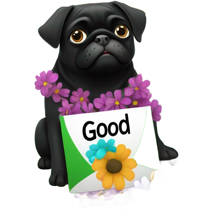 Black pug , surrounded by flowers, holding a green sign that says “good luck”  emoji