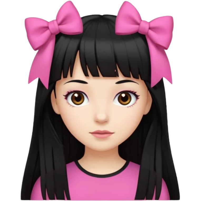 garota branca com cabelo longo, preto e franja reta, olhos castanhos, top preto e laço rosa no cabelo  emoji
