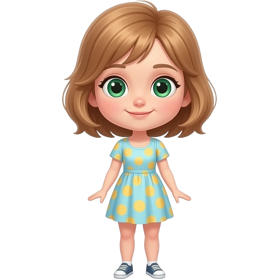 quiero una chicade estatura baja que tenga el pelo marron  muy claro y con los ojos verdes que sea delgada y vista con colores animados en verano y que se le vea entera y ponga el nombre de carol emoji