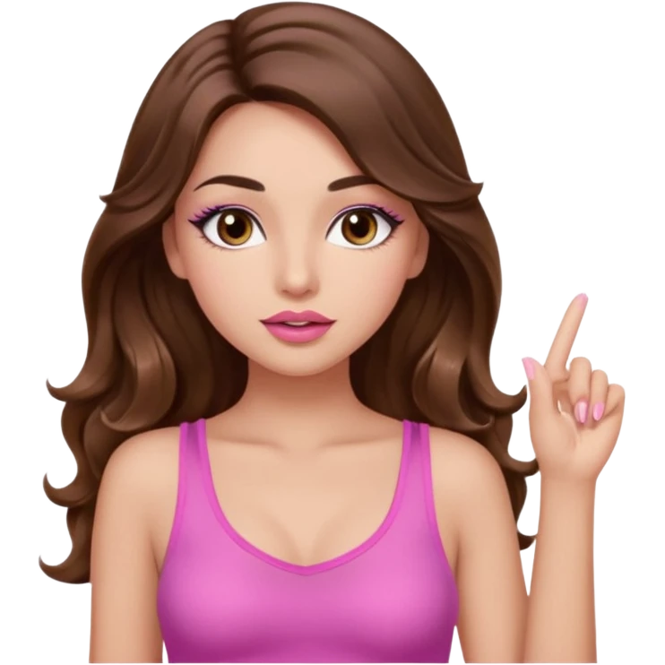 girl with long wavy brown hair, brown eyes, light to medium complexion, in a pink sexy top, pink lips, long lashes, silent motion with the hand one finger up emoji