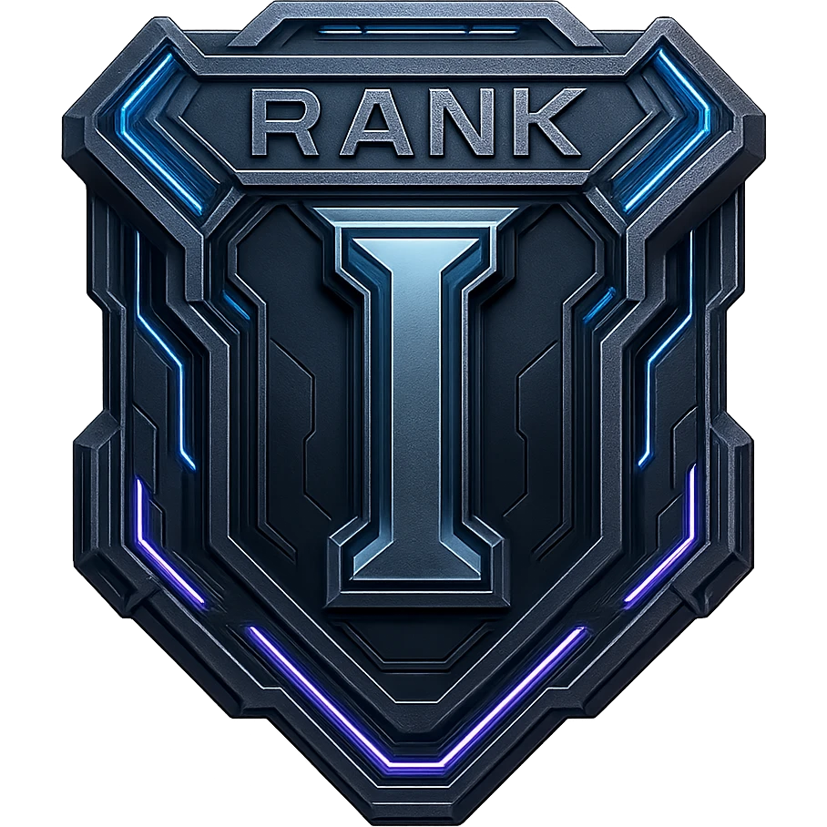 a metal insignia badge for a "rank I", space scifi-futuristic cyberpunk futurepunk emoji