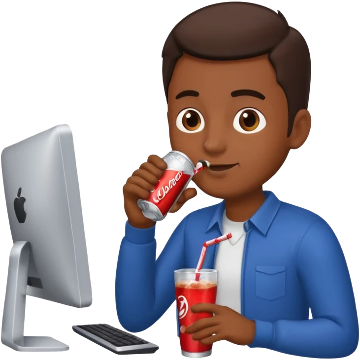 Hombre tomando un refresco frente a un ordenador emoji