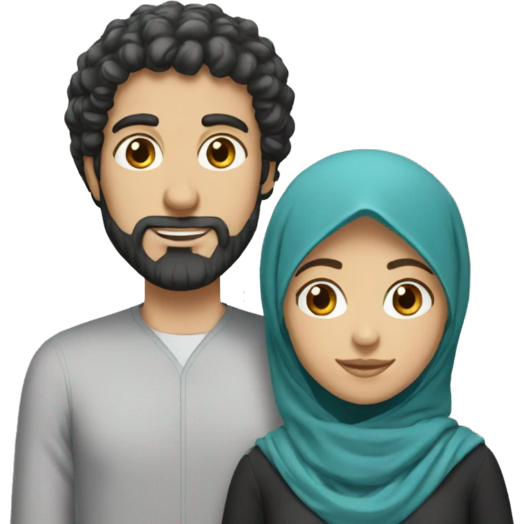White man with curly black hairs with her wife wear a hijab  emoji