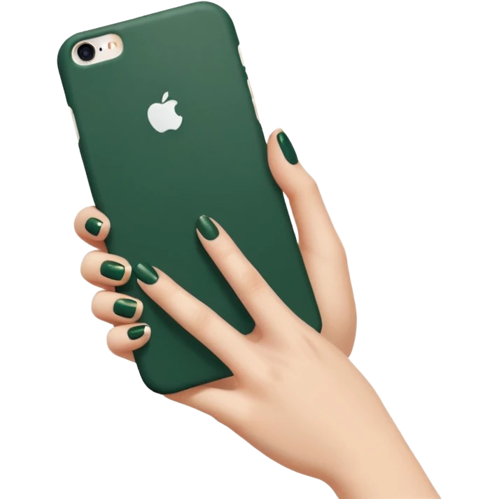 white iPhone with dark green case, female hand with nude manicure holding the phone, slightly side view, emoji style emoji