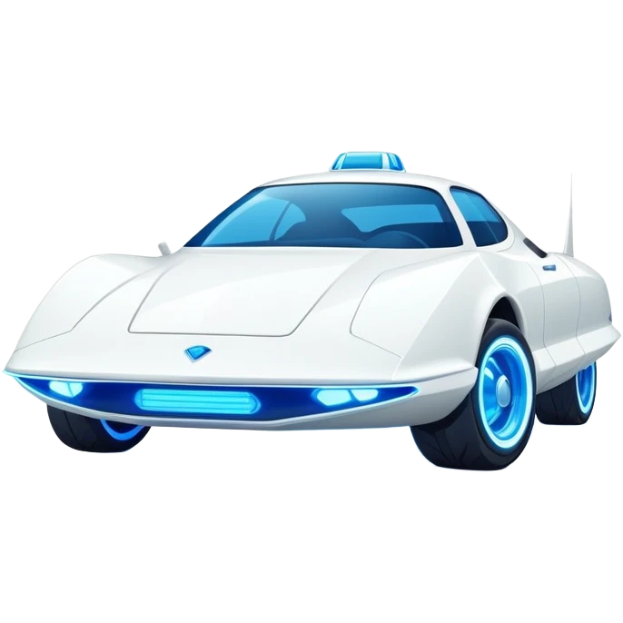 Futuristic retro hover white car with very sharp angular design and intense glowing blue wheels, direct front view showing headlights, flat vector style, minimal color palette with blue accents emoji