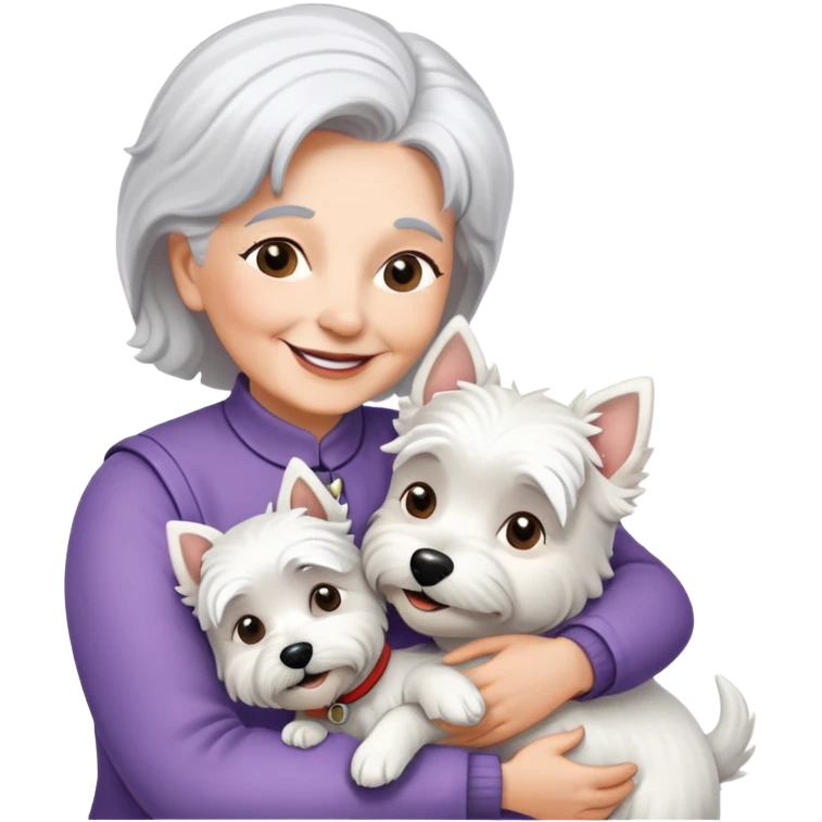 One silver-haired older lady smiling and hugging single westie dog emoji