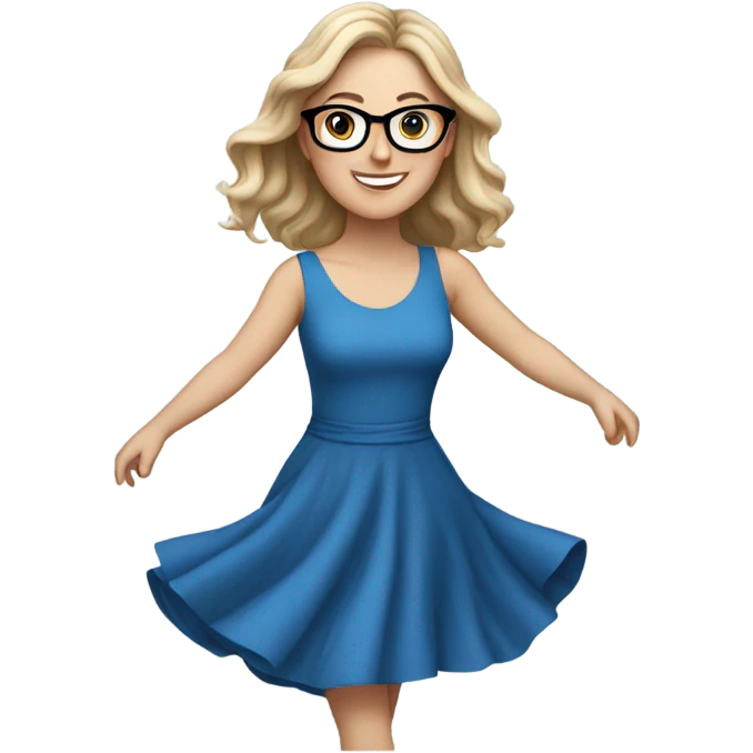 white girl in a blue dress: wearing glasses: dancing and happy  emoji