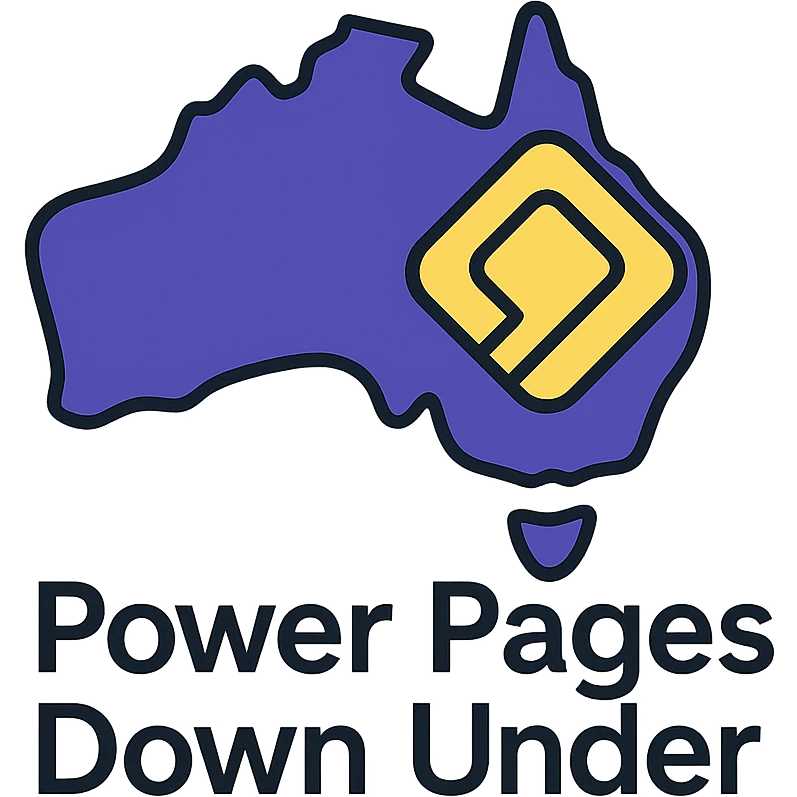 Make the icon more colorful by using #403DAD, a vibrant purple, and #fff7ad as accent colors. Keep the map of Australia with the official Microsoft Power Pages icon overlay and the text 'Power Pages Down Under' in a clean, modern font. No digital web overlay emoji