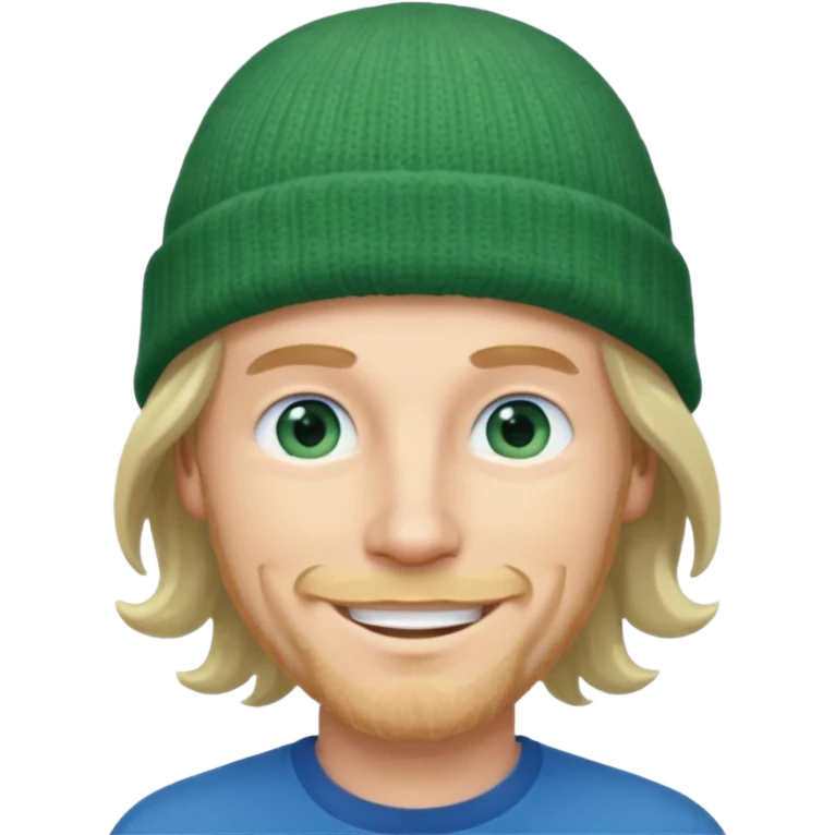 white man, mid thirties, blue eyes, mid length wavy hair, green beanie hat emoji