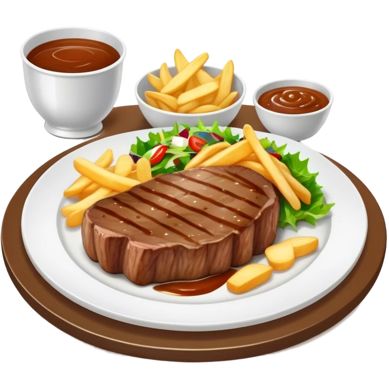 big juicy australian steak meal featuring chips, small salad in a ramikan and gravy in a small bowl on the plate emoji