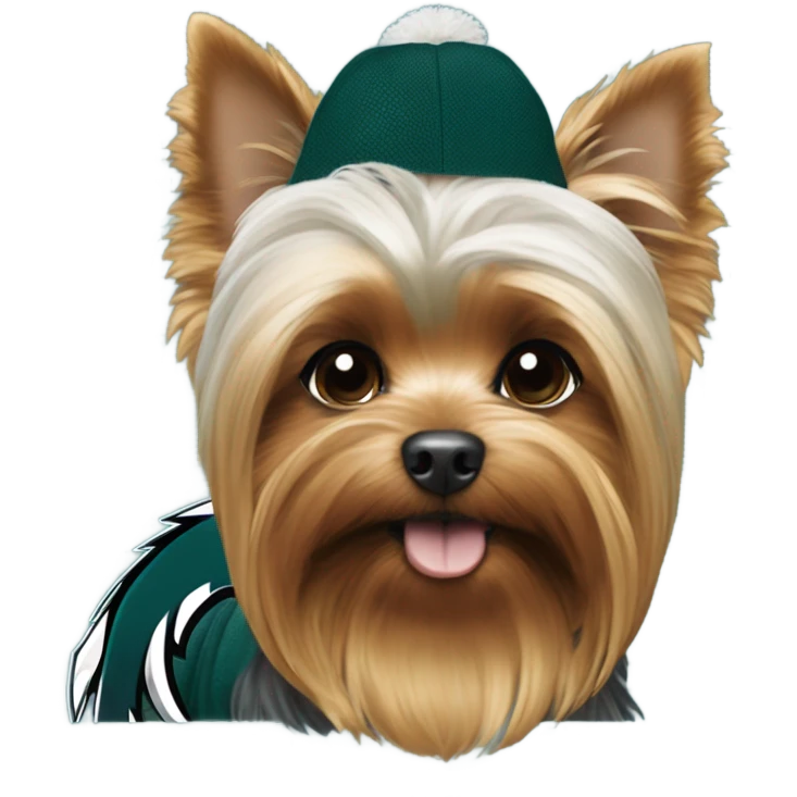 Yorkie wearing a Philadelphia eagles shirt emoji