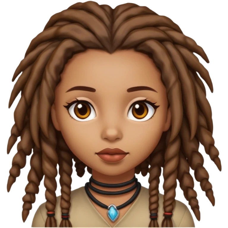 girl with dreads she has kind of caramel skin the dresds are like up to her neck in length brown eyes kind of big to normal lips emoji