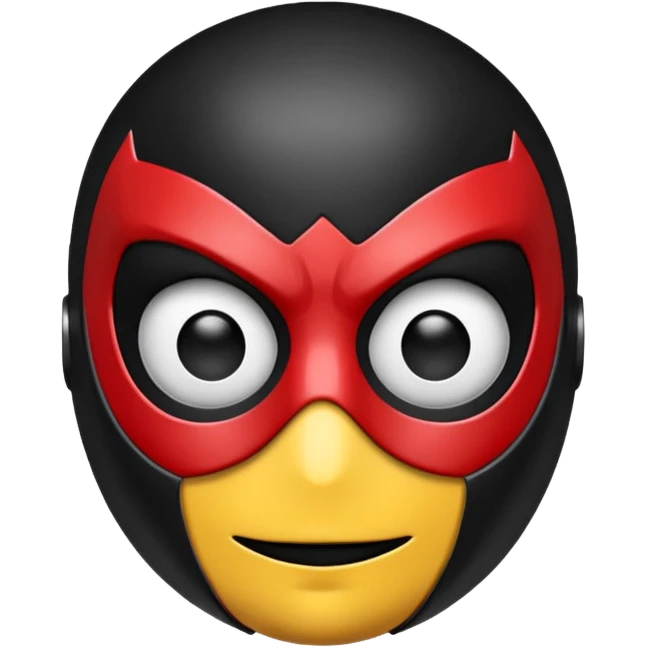 A high-gloss 3D emoji-style mask inspired by a superhero design. Smooth rounded head shape with expressive large eyes. Primary color: matte black. Secondary color: bright red web-pattern lines across the mask. Clean, shiny, cartoony finish, symmetrical design, crisp outlines emoji